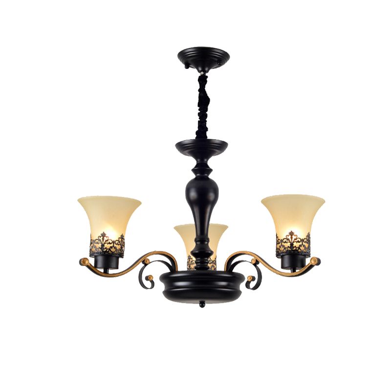 Bell Frosted Glass Chandelier Light Traditional 3/6/8 Light Living Room Pendant Lighting in Black