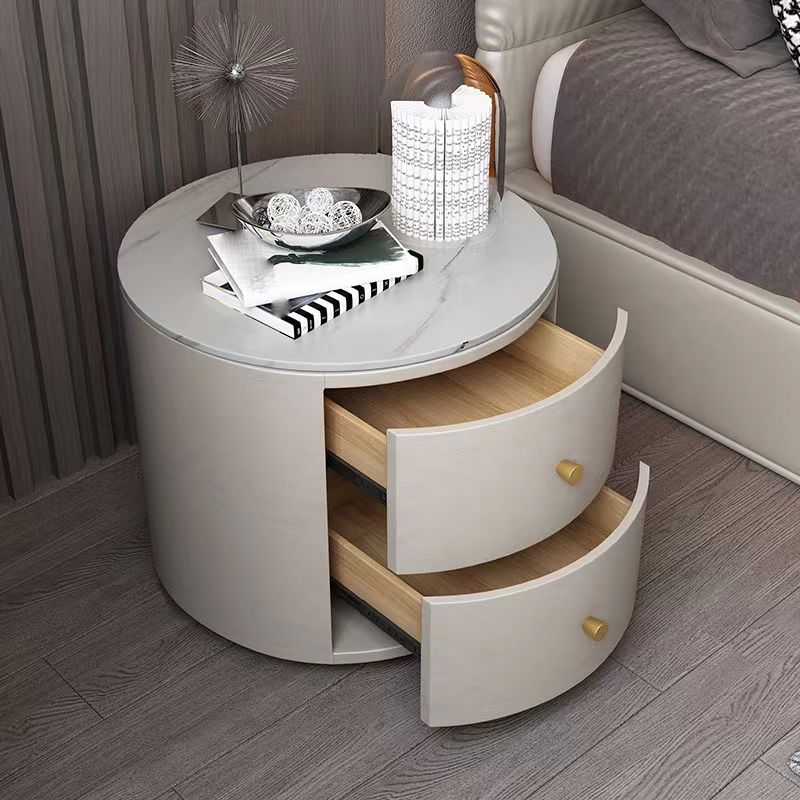 2 Drawers Nightstand with Stone/Glass Top 18.5" Tall Wood Accent Table Nightstand
