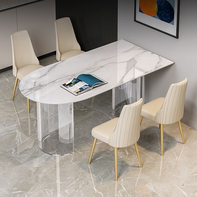 Sintered Stone Top Dining Table Modern White Table with Acrylic Double Pedestal