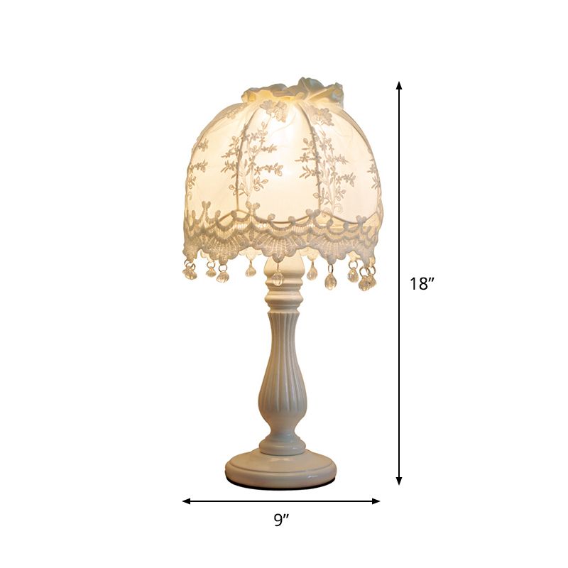 Pastoral Dome Night Table Lamp Fabric 1 Light Girls Bedroom Nightstand Light in White with Lace Decor