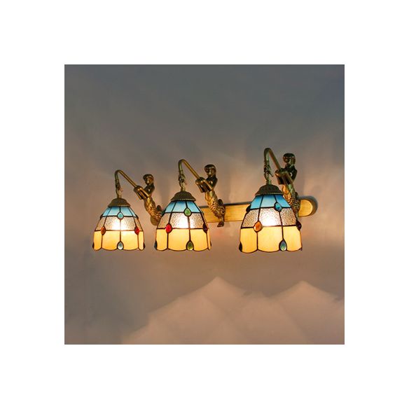 Jeweled Wall Light Fixture 3 Heads Yellow-White/Clear/Yellow-Blue Glass Tiffany Sconce Lighting with Mermaid Backplate