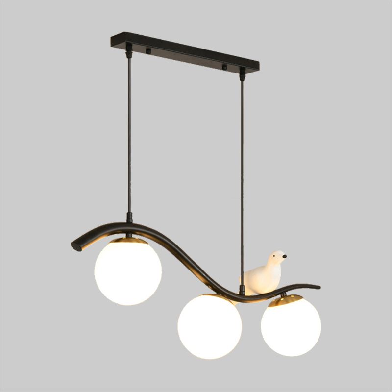 Ball Shade Hanging Lamp Kit Modernism Clear/White Glass 3 Heads Black Island Lighting with Pigeon Decor
