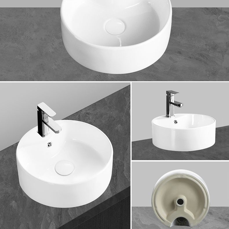 Modern Vessel Bathroom Sink Round Porcelain with Overflow Vessel Lavatory Sink