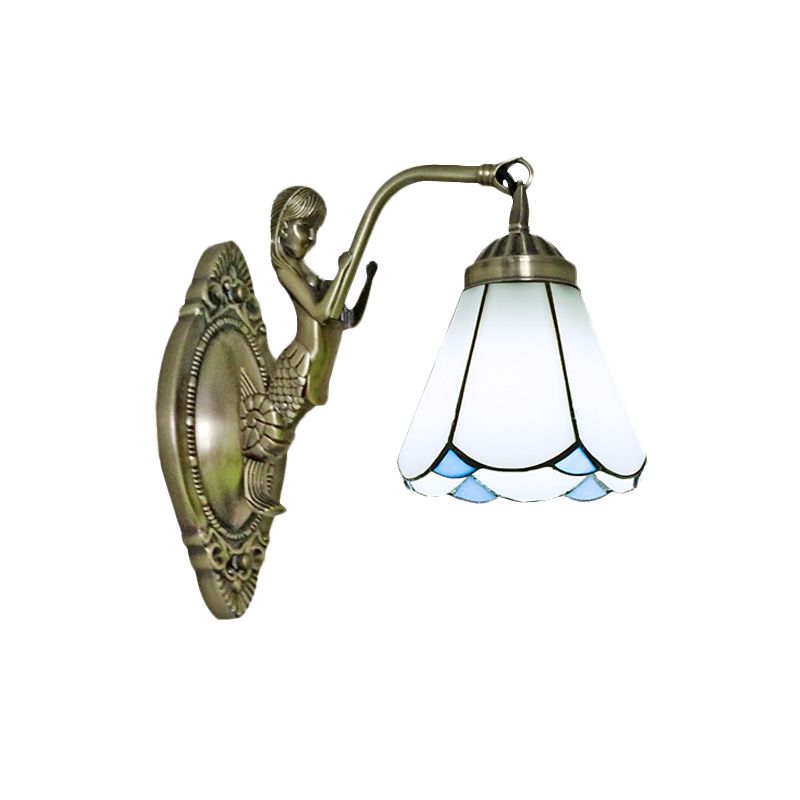 1 Head Conical Wall Sconce Lighting Mission White/Beige Glass Wall Mount Light Fixture with Mermaid Backplate