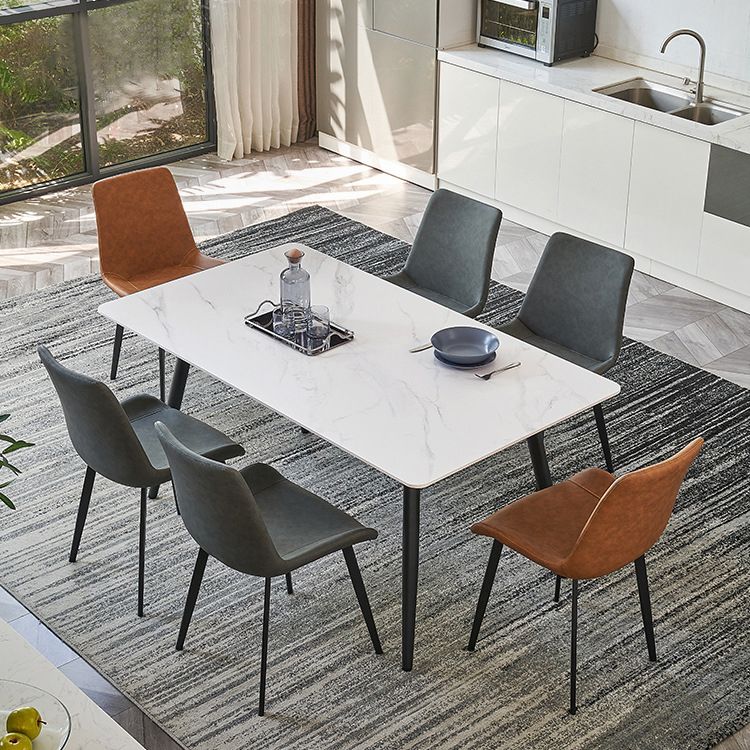 Modern Sintered Stone White Dining Set with Rectangle Table and Black Legs Kitchen Dining Set