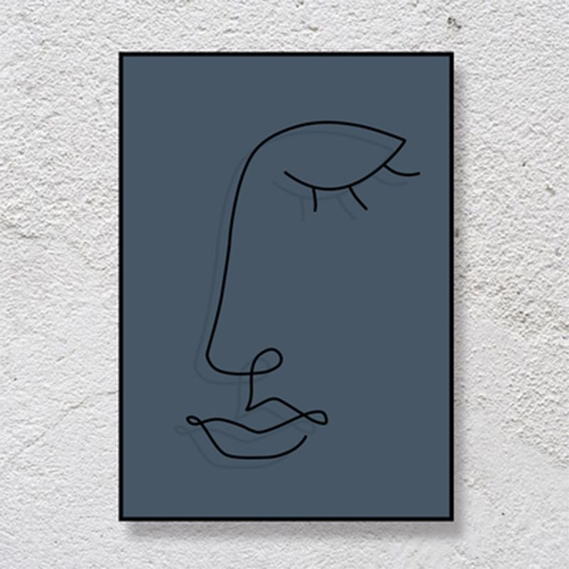 Pencil Line Face Sketch Art Print Blue Girls Bedroom Wall Decor, Texture Surface