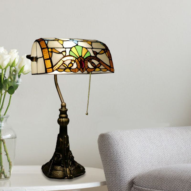 Bronze 1 Bulb Pull-Kette Schreibtisch Leicht mediterrane handgeschnittenes Glasrollover Schatten Nachtisch Lampe mit Plug-in-Kabel