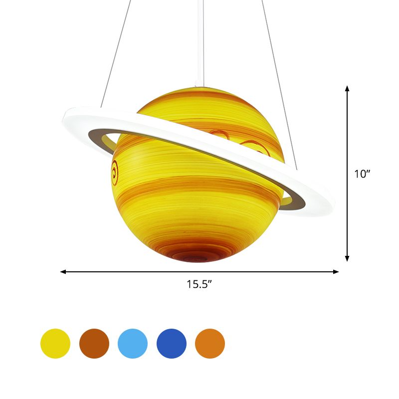 Kids 1 Bulb Suspension Light Yellow-Brown Jupiter/Blue Earth/Orange Sun Globe Pendant Chandelier with Acrylic Shade