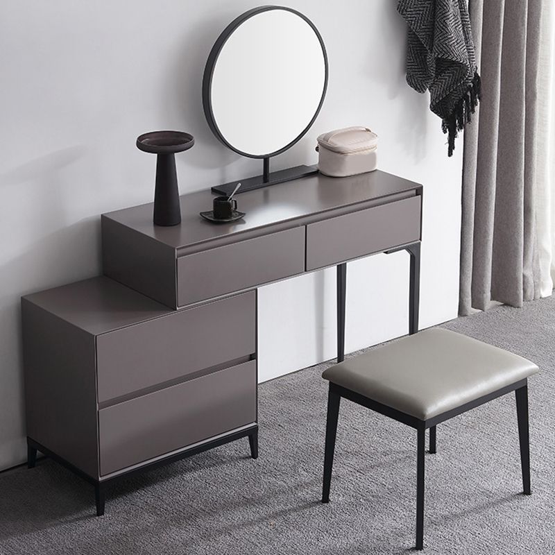 Modern Gray Vanity Mirrored Wood Makeup Dressing Table Stool Set