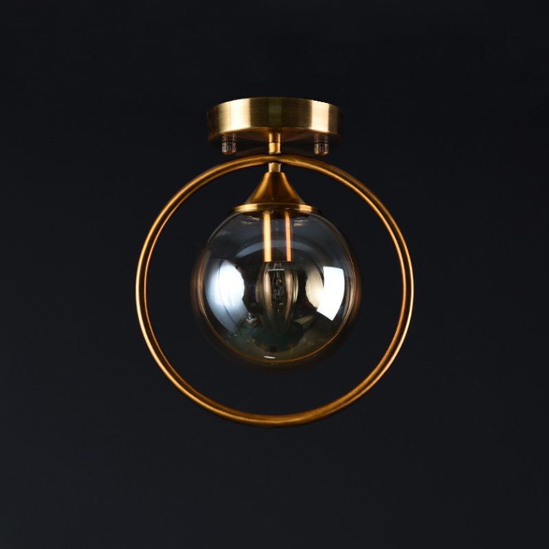 Postmodern Ball Ceiling Lighting Glass 1-Light Corridor Semi-Flush Mount Light with Brass Metal Ring