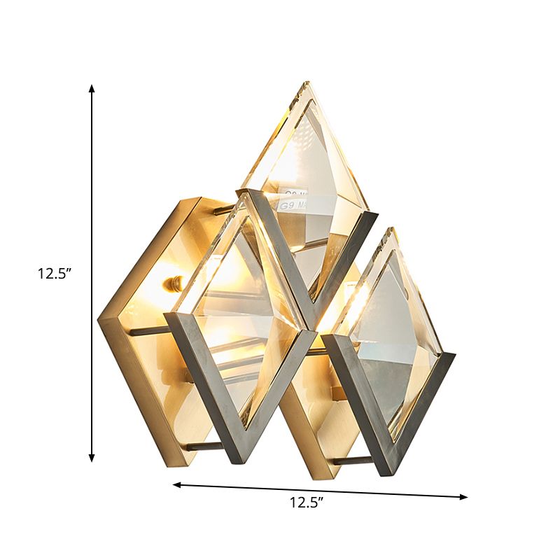 Rhombus Shaped Wall Lighting Modern Style Clear Crystal and Metal 3 Lights Golden Wall Sconce Light
