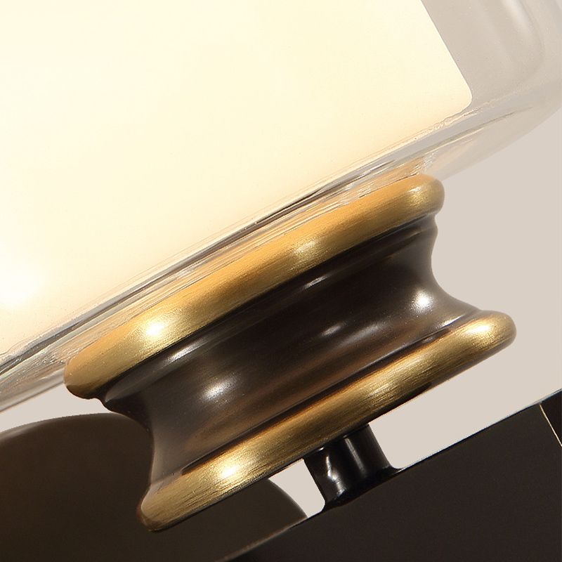 Black 1-Light Wall Mounted Light Traditional Metal Cylinder Wall Sconce with Double-Tier Glass Shade for Bedroom