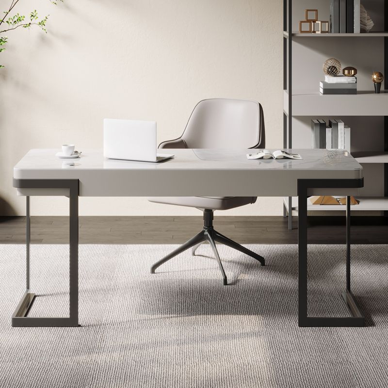 Pewter Glam Writing Desk Metal and Stone Office Desk with 2 Storage Drawers