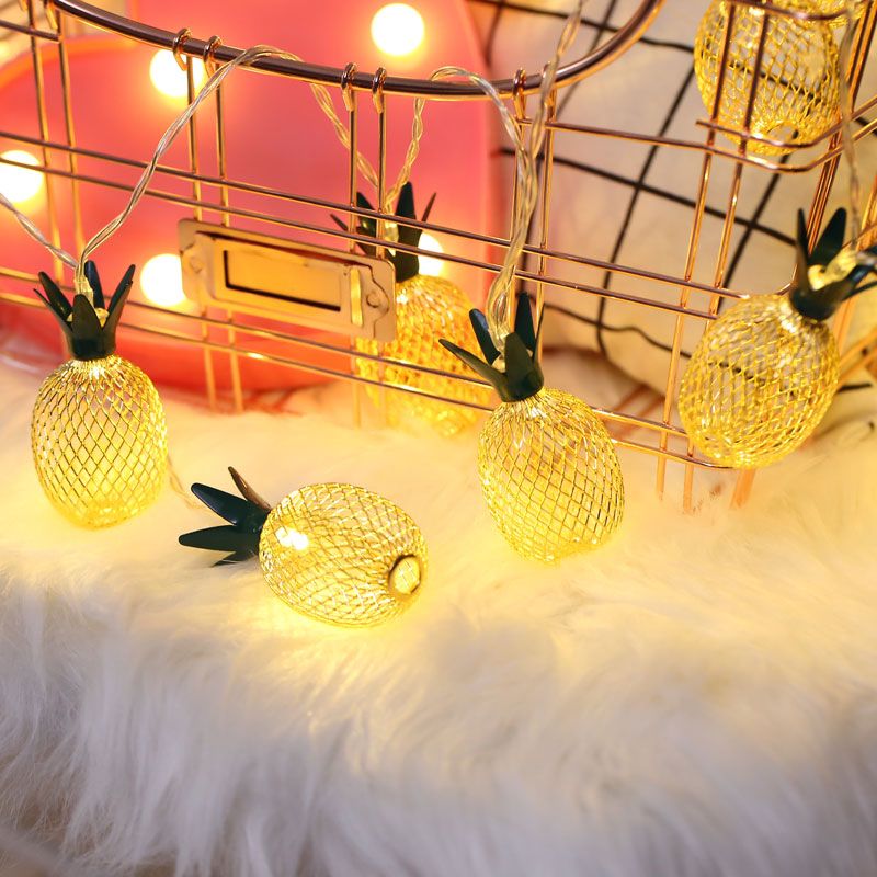 Pineapple LED Fairy Light Modern Style Iron Bedroom Battery String Lighting in Golden