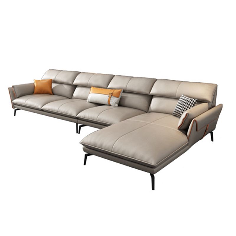 Flared Arm Genuine Leather Sectional 4-seat L-shape Sectional with Pillows