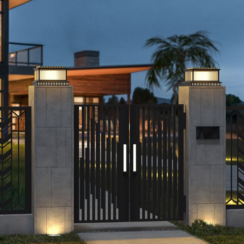 Modern Pillar Lamp Stainless Steel Outdoor Light in Black for Courtyard