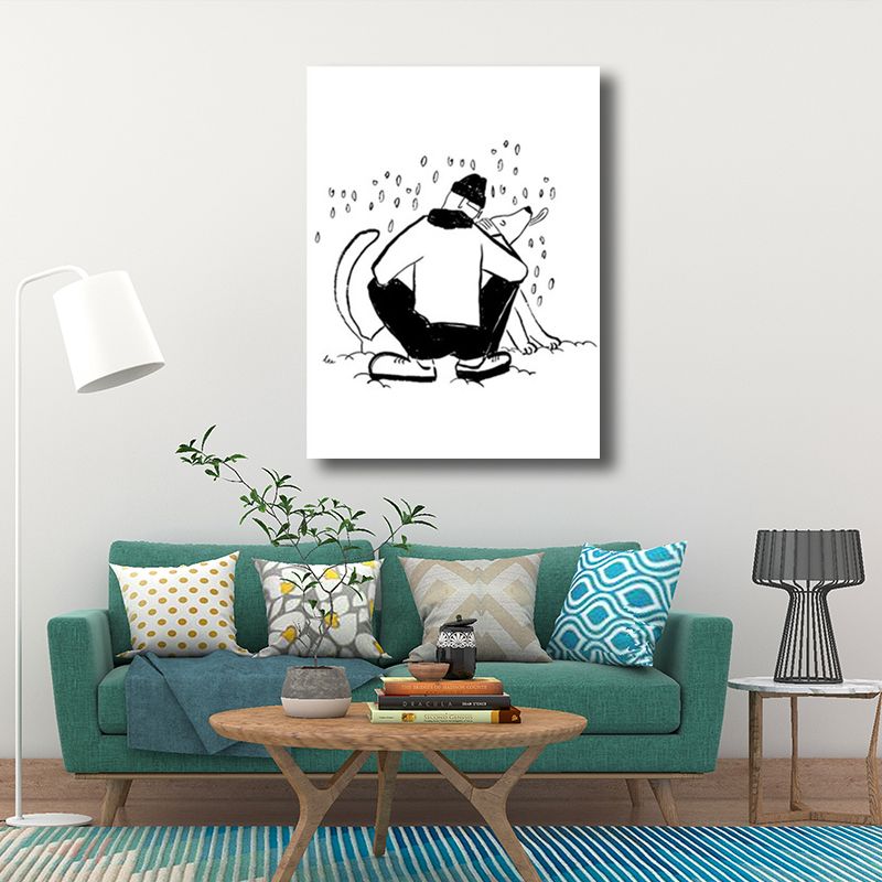 Mans Leisure Time Drawing Canvas in Black and White Minimalism Wall Art for Room