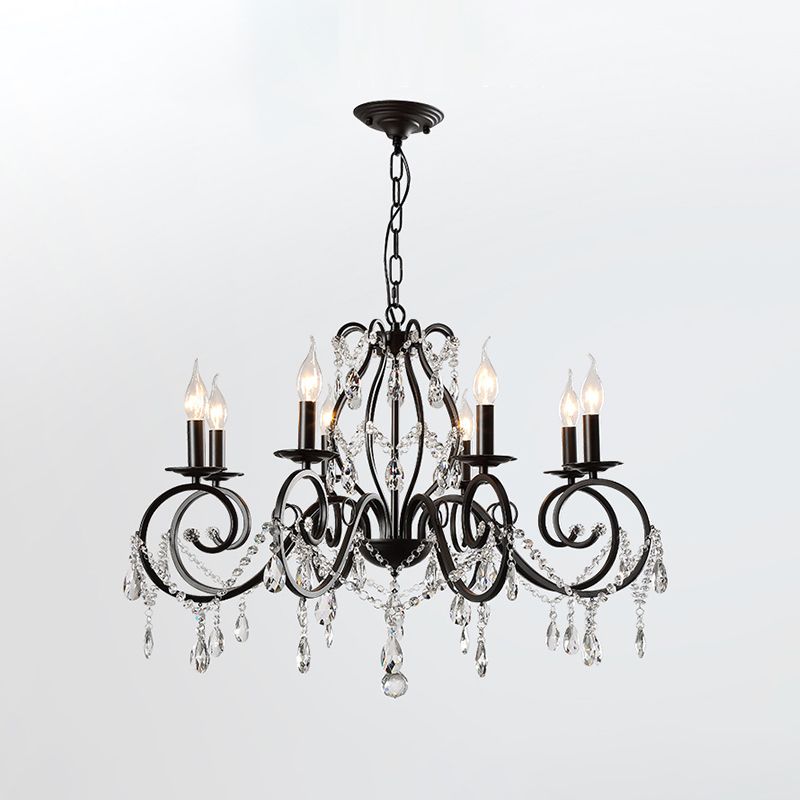 Retro Candlestick Chandelier Iron Hanging Lamp with Crystal for Living Room