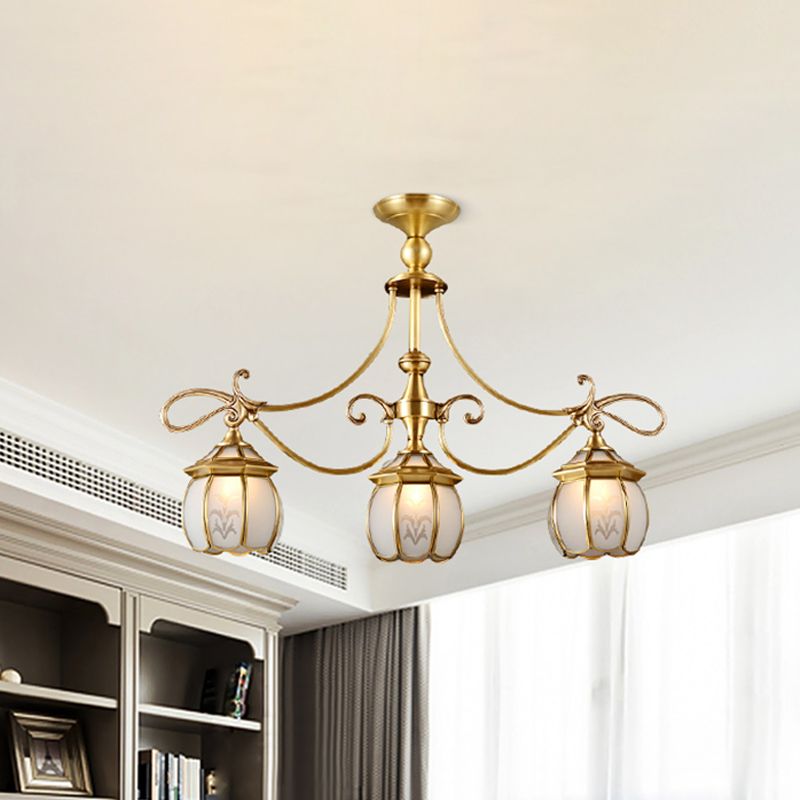 Colonialist Lantern Island Light Fixture 3-Light Ivory Glass Suspension Pendant in Gold for Dining Room