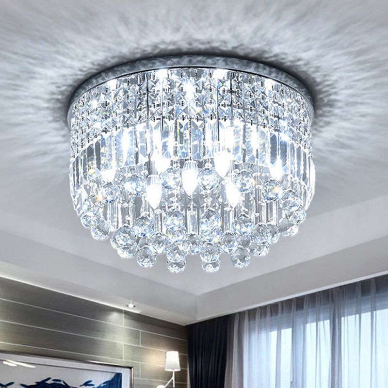 Nickel Round Flush Mount Light Modern 9-Bulb Clear Cut Crystal Ceiling Light Fixture