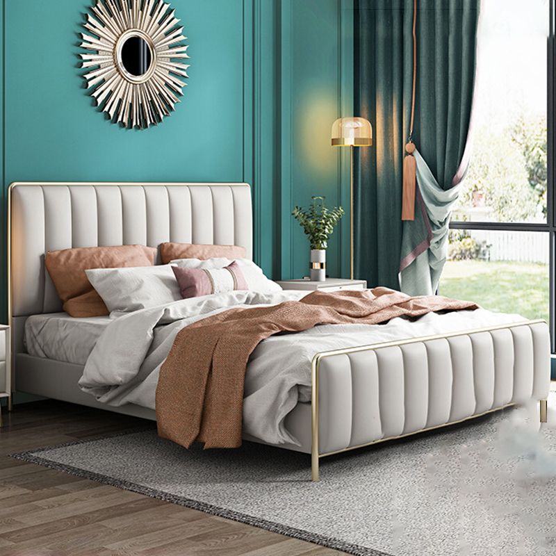 Glam Standard Bed Upholstered Headboard Solid Wood Beige Panel Bed