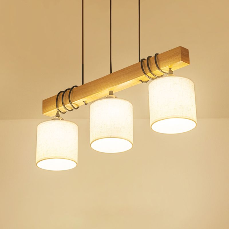 Cylindrical Dining Room LED Hanging Light Fabric Nordic Style Island Ceiling Light in Wood