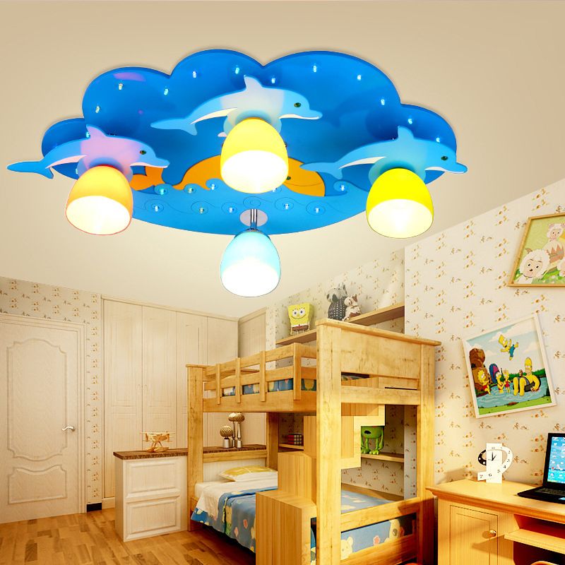 Nautical Style Sea Ceiling Light with Dolphin 4 Lights Wood Flush Mount Light in Blue for Kindergarten