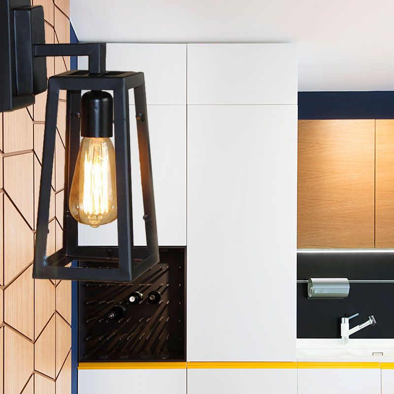 1 Bulb Trapezoid Cage Wall Lamp Industrial Stylish Matte Black Metallic Wall Mount Light for Living Room