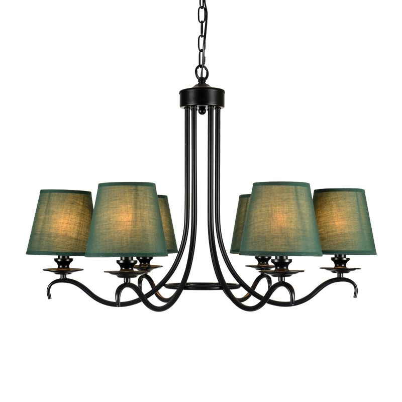 Green Tapered Chandelier Lighting Fixture Rustic Fabric 6 Lights Pendant Light Kit for Dining Room