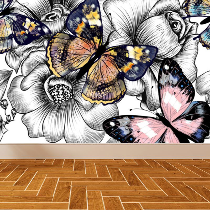 Dancing Butterflies and Flowers Mural Wallpaper for Living Room Summer Wall Art, Custom