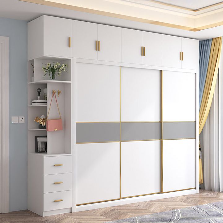White Sliding Wardrobe Cabinet Engineered Wood Wardrobe Armoire