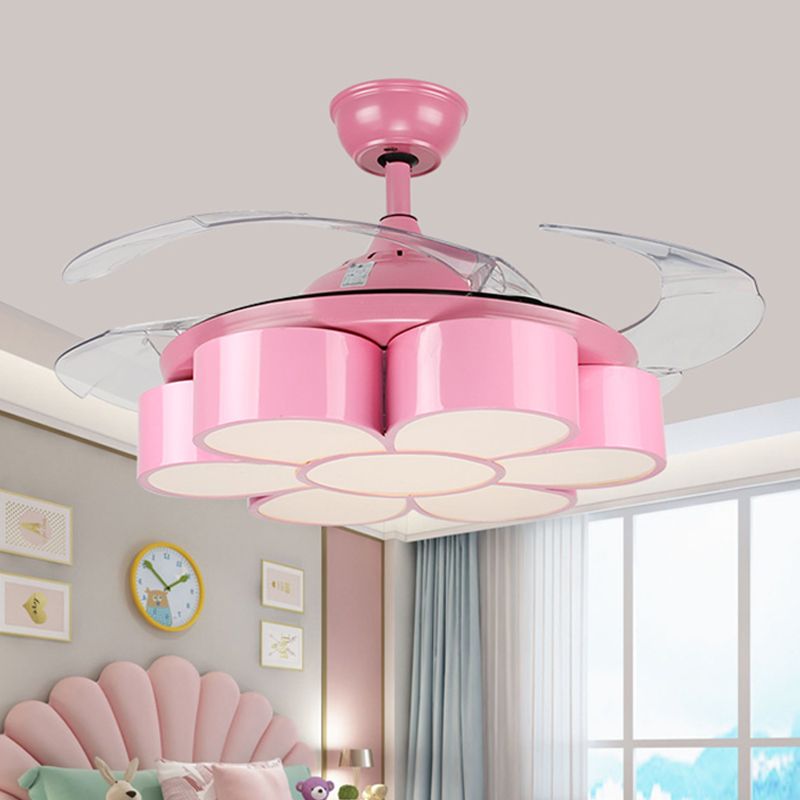 42" W Flower Bedroom Ceiling Fan Light Fixture Metal LED Kids Semi Flush Mounted Lamp in Pink with 3 Clear Blades, Remote/Wall and Remote Control