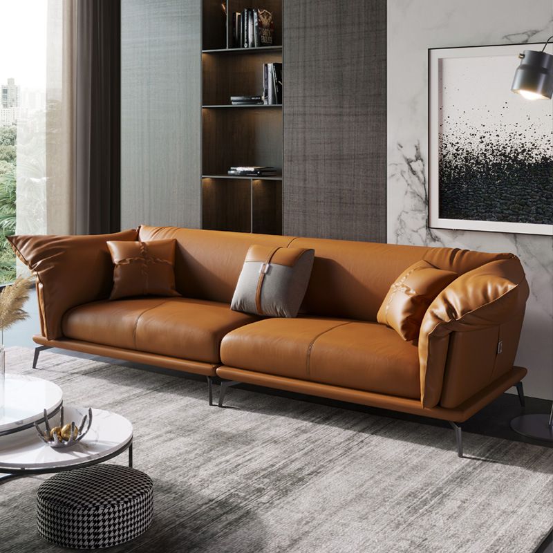 Genuine Leather Modern Orange Sofa Tuxedo Arm Sofa with Pillows