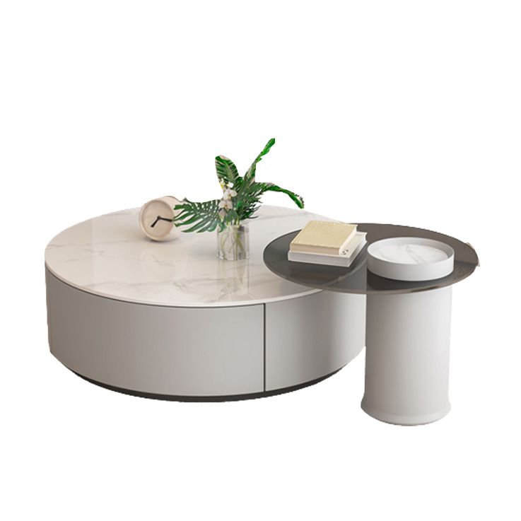 Drum Coffee Table Contemporary Stone Cocktail Table with 2 Storage Drawers