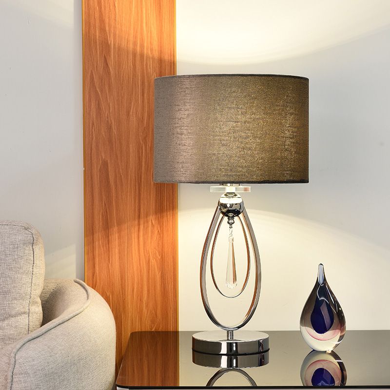 Tela de tela Black Table Cylinder Shade 1 Bulbo Modern Night Light con caída de cristal y base ovalada