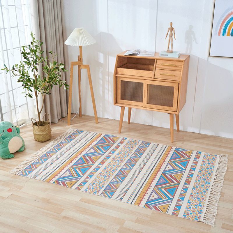 Multicolored Boho Area Rug with Fringe Americana Print Carpet Cotton Blend Rug for Home Decoration