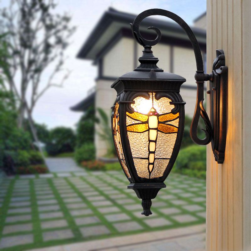 Lantern Wall Light Vintage Stained Glass 1 Head Wall Lantern with Dragonfly Pattern for Balcony