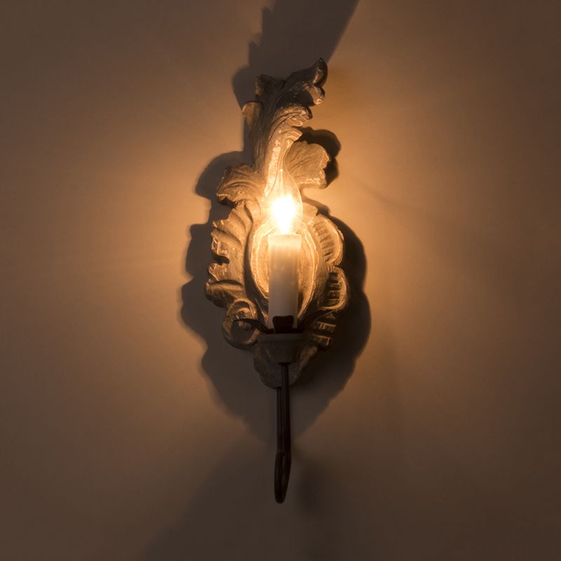 1 Light Candle Wall Light Fixture Vintage Grey Wood Sconce Light with Flame Backplate