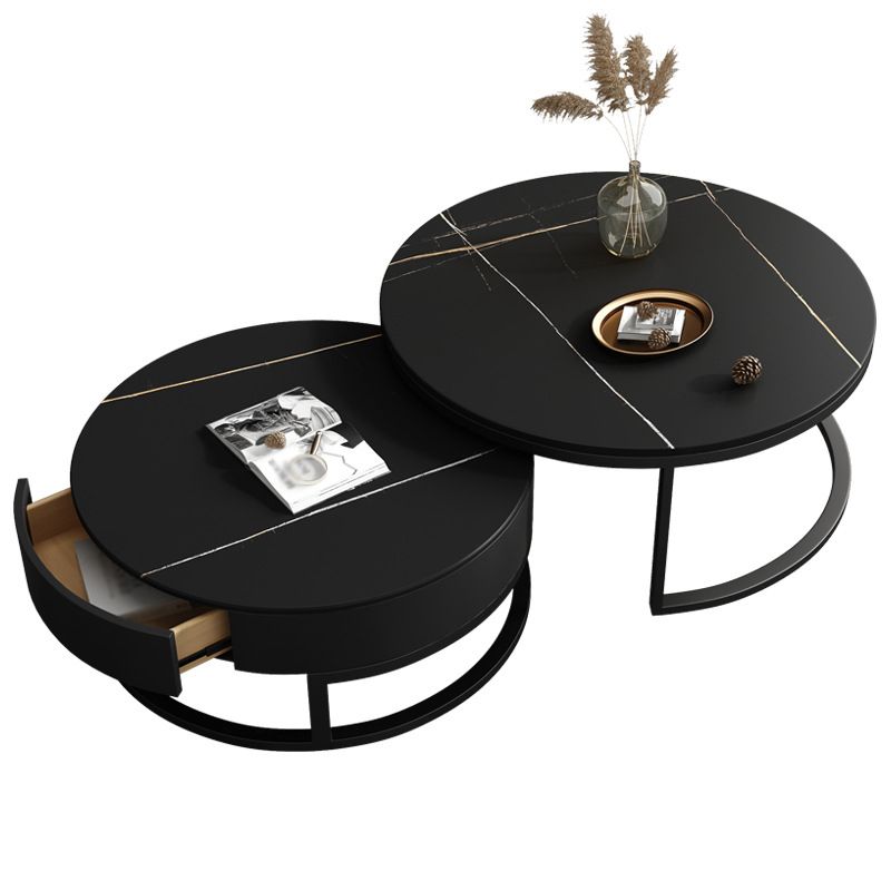 Modern Style Round Black and White Rock Slab Top Coffee Table