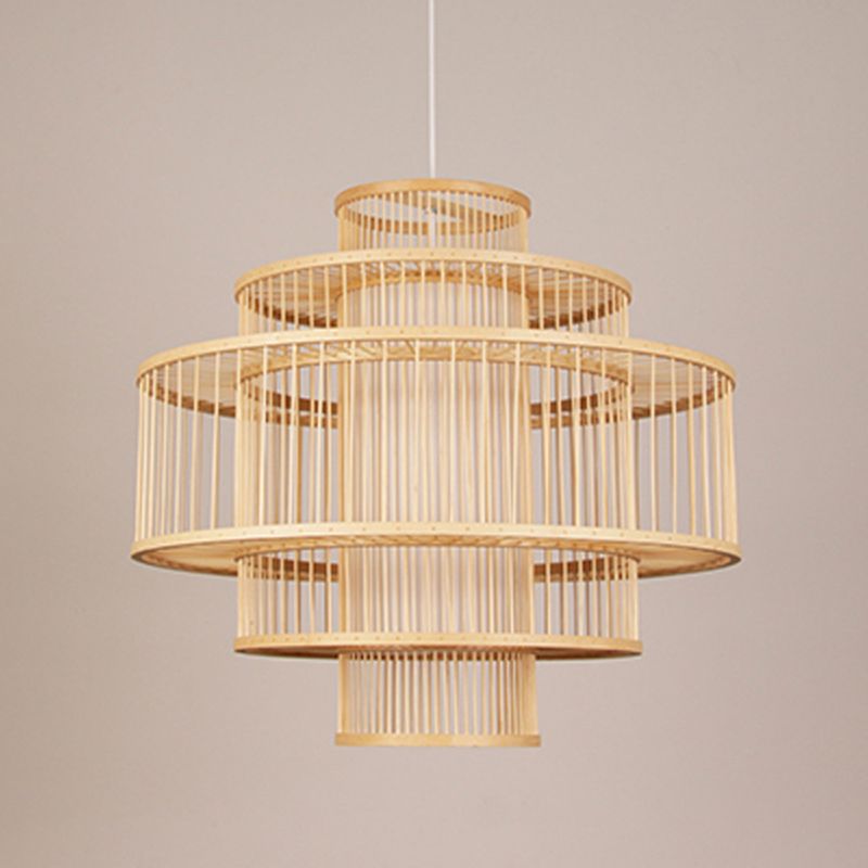3-Shade Restaurant Hanging Light Bamboo 1 Head 16"/23.5"/31.5" Wide Asian Ceiling Pendant in Beige