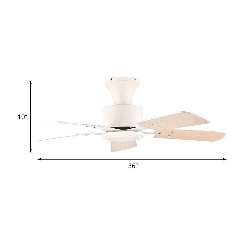 Cirkel eetkamer ventilator licht eenvoudig metalen led witte semi -spoelbevestiging met 5 houten messen, 32 "/36" breed