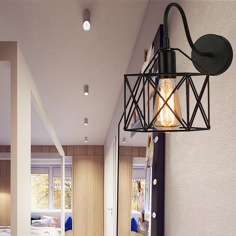 Schwarze X-Cage-Wandbeleuchtung mit Schwanenhalsarm Retro Loft Metal 1 Light Stange Wandhalterung Licht