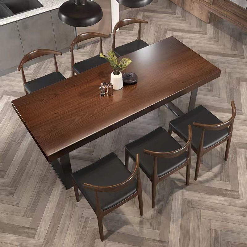 Brown Solid Wood Top Table Rectangle Black Iron Sled Base Dining Table