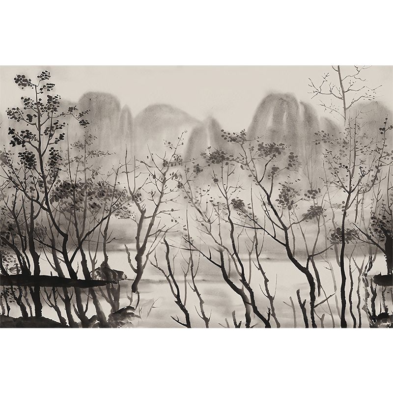 Ink Riverside Mountain Painting Murals Light-Coffee Moisture Resistant Wall Art for Living Room