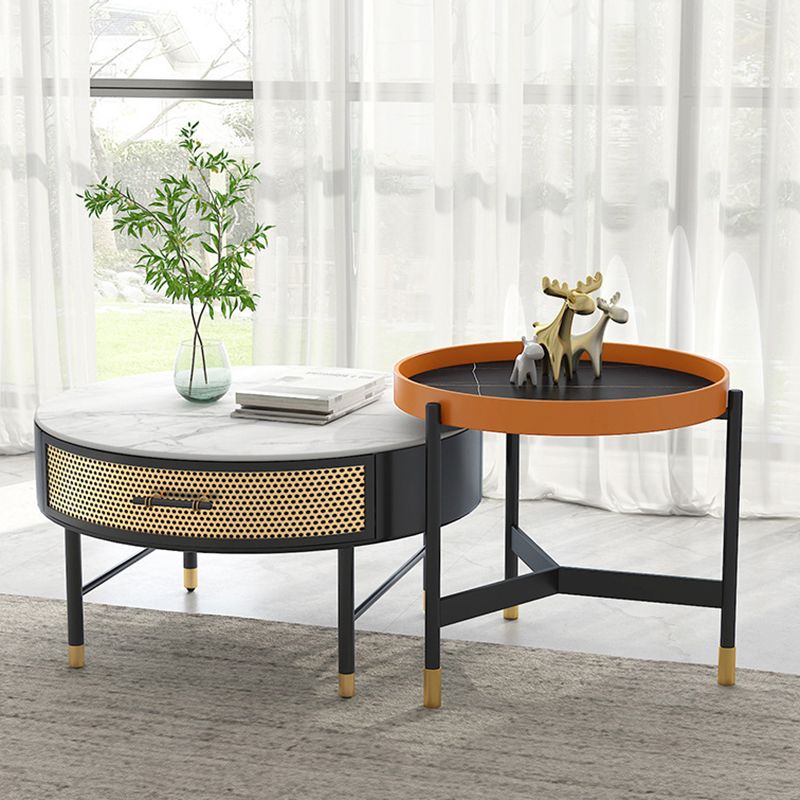 Luxurious Slate Round Top Coffee Table Set with Storage Drawer