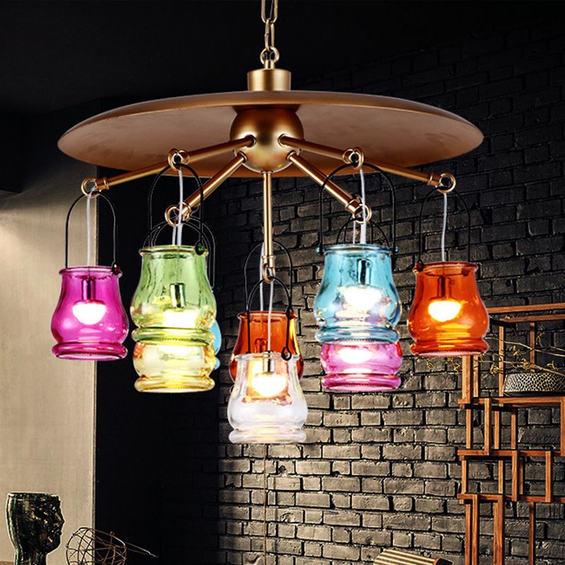 Industrial Can Pendant Lighting 10 Heads Arc Colorful Glass Chandelier Lamp Fixture in Black/Rust/Gold with Flat Metal Top