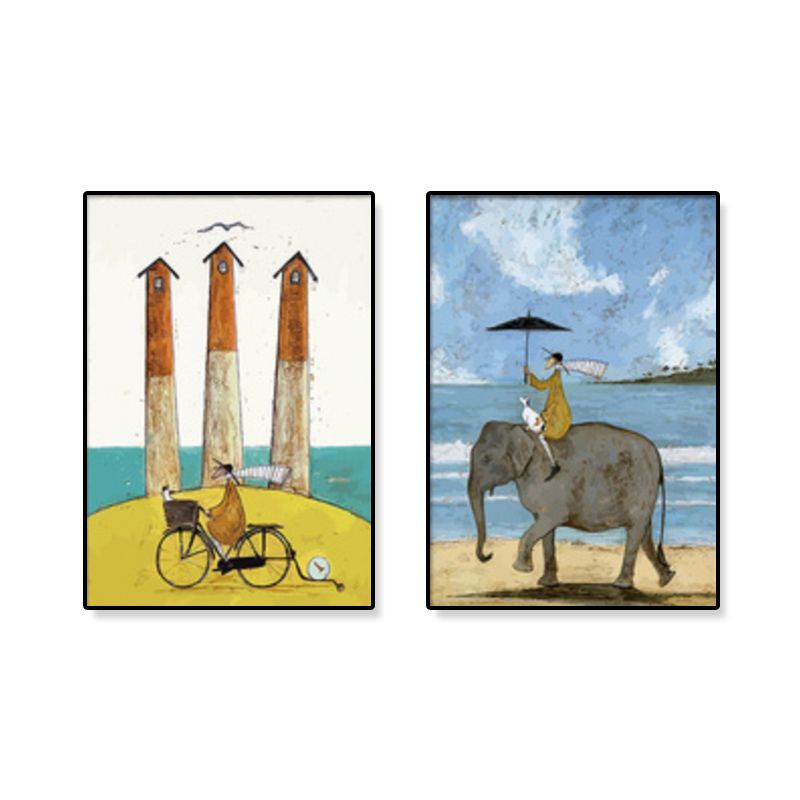 Kids Illustration Sightseeing Canvas Print Soft Color Textured Wall Art, Set of 2