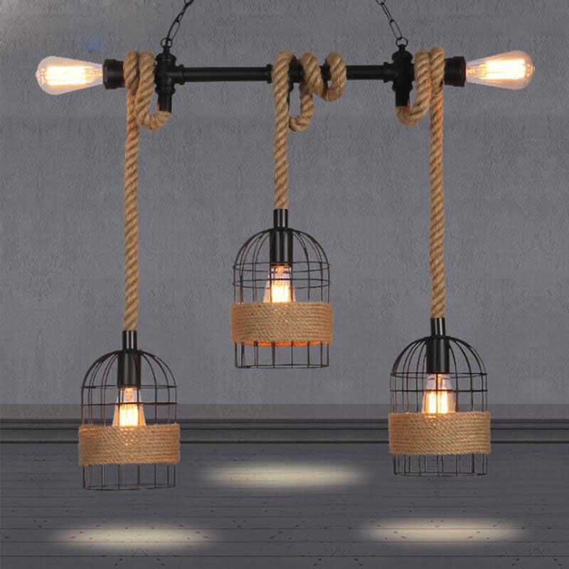 Hemp Rope Birdcage Pendant Lighting Rustic 5-Bulb Dining Room Island Light
