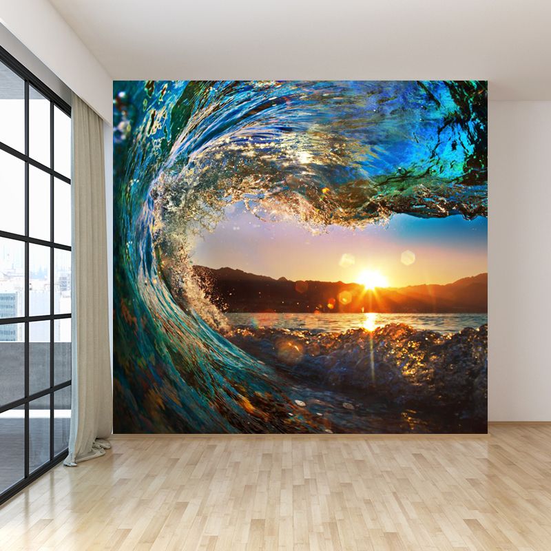 Surge and Sunset View Mural Decal Tropical Non-Woven Material Wall Art in Blue for Home