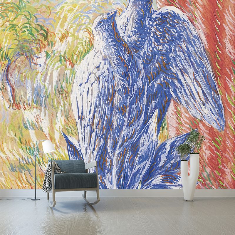 Surreal Botanical Bird Wallpaper Murals Red-Yellow-Blue Washable Wall Decor for Living Room